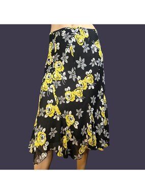 Vintage Y2K Black Yellow Floral Midi Skirt Size S Chiffon Gothic Fairy Retro